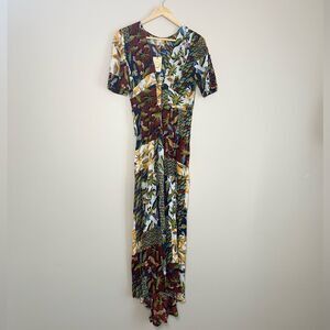 Anthropologie x Raga Tropical Patchwork Button Front Split Maxi Shirt Size Small